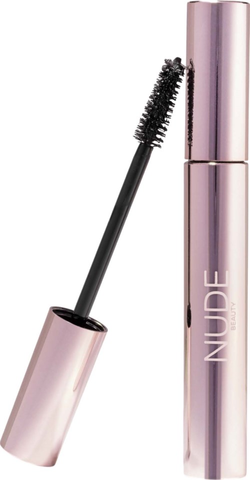 A mascara tube with the wand partially pulled out, showing the brush with black mascara.