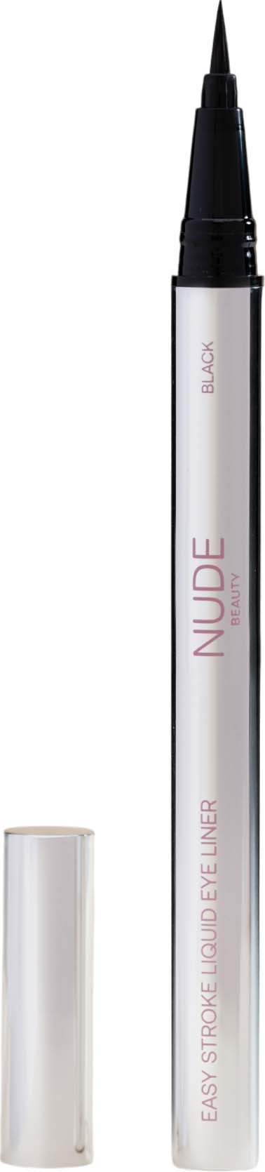 A white pen with a black tip and a cap, labeled 'NUDE' and 'EASY STROKE LINER'.