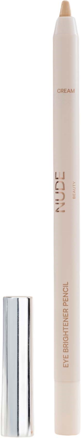 A beige eye pencil with a shiny silver cap and words 'NUDE' and 'EYE HIGHLIHTER PENCIL' on it.