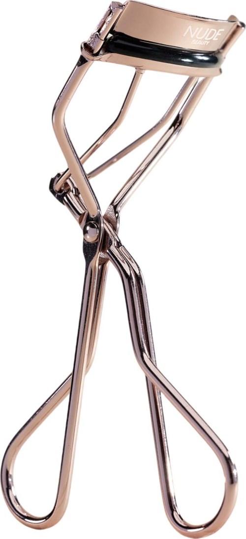 A silver eyelash curler with a curved clamp and handle, designed for curling eyelashes.