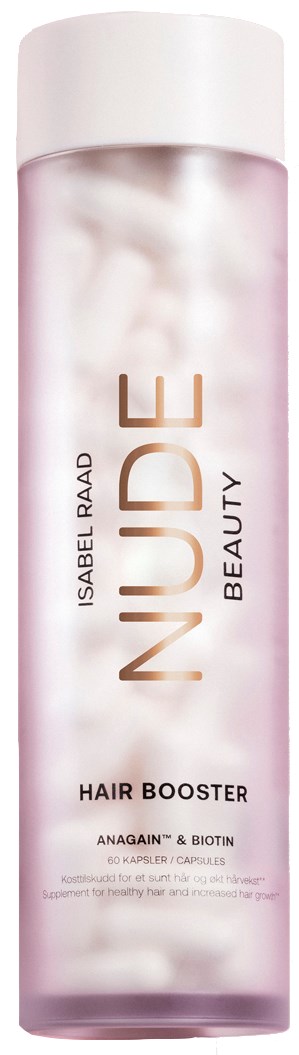 En lång, rosa flaska märkt 'Nude' av Isabel Raad, innehåller en hårförstärkare med naturliga ingredienser.