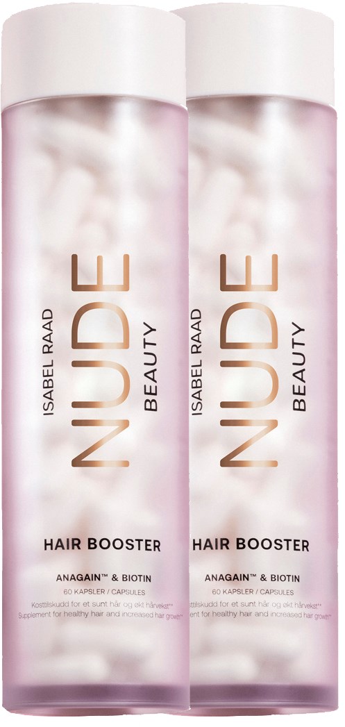 Två flaskor med Nude Beauty Hair Booster, rosa och vita förpackningar står bredvid varandra.