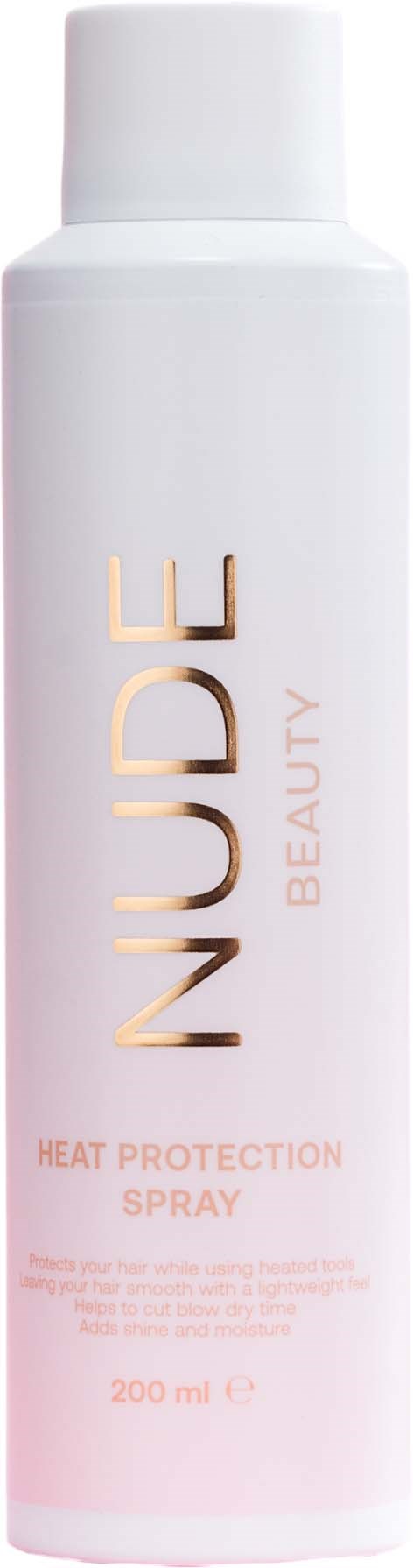 A white spray bottle labeled 'NUDE BEAUTY' with 'Heat Protection Spray' written on it, containing 200 ml.