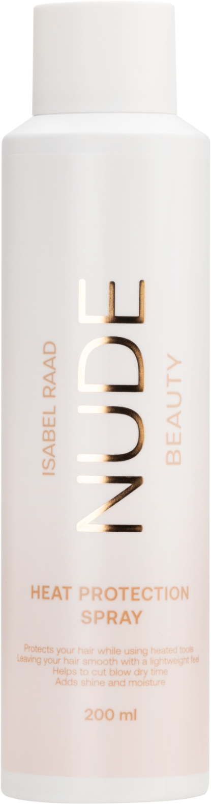 A white bottle labeled 'Nude by Isabel Raad' with 'Heat Protection Spray' and 200 ml written on it.