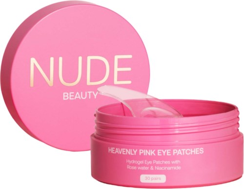 A pink round container with a lid. It contains eye patches and the text on it mentions "Nude Beauty" and "Pink Eye Patches."