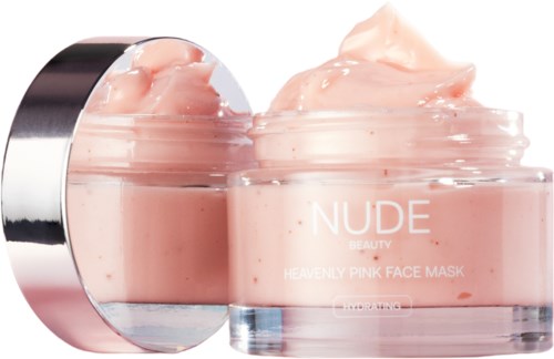 Ein Glas mit rosa Gesichtsmaske und silberner Abdeckung daneben, Etikett sagt 'NUDE' und 'HEAVENLY PINK FACE MASK'.