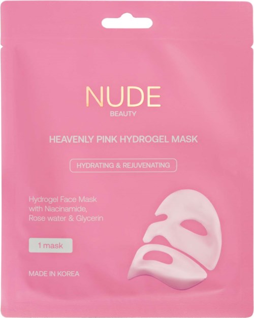 Roze verpakking voor een hydrogel gezichtsmasker met niacinamide, rozenwater en glycerine, gemaakt in Korea.