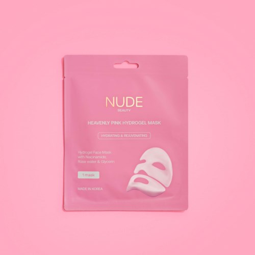 Roze verpakking voor een hydraterend gezichtsmasker met witte maskervoorstelling en productdetails.