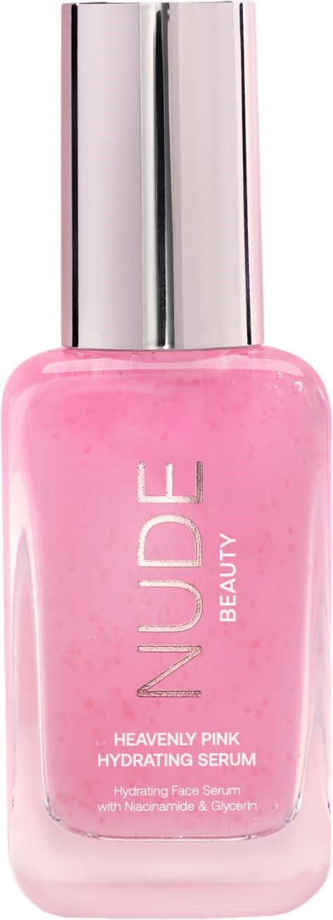Rosa feuchtigkeitsspendendes Serum in einer Glasflasche mit silberner Kappe, beschriftet 'NUDE BEAUTY' und 'HEAVENLY PINK'.