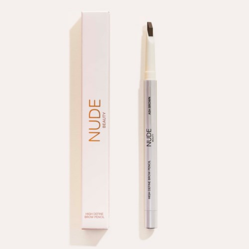 En ögonbrynspenna och dess box med varumärket "NUDE BEAUTY" i orange och silver.