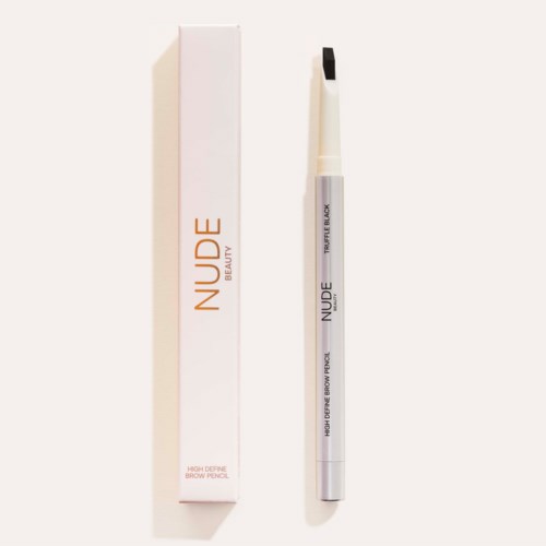 En brynpennan bredvid en vit och grå box med texten "NUDE Beauty" och "High Define Brow Pencil."