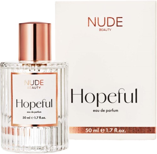 A perfume bottle labeled 'Hopeful' next to a white box with red and black text. The perfume is 50ml.