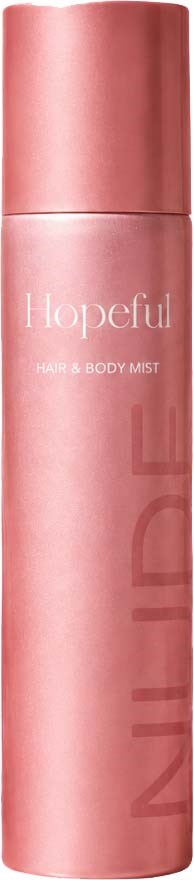 Rosa cylindrisk flaska för hår- och bodymist med ordet Hopeful och varumärkeslogga.