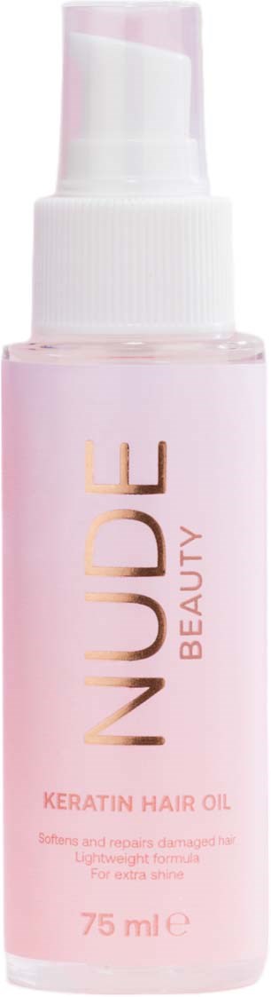 Różowa butelka NUDE Beauty Keratin Hair Oil z białym dozownikiem.