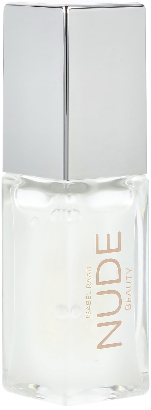 A clear glass bottle with a shiny silver cap, labeled 'NUDE' and 'BEAUTY' in light brown words.
