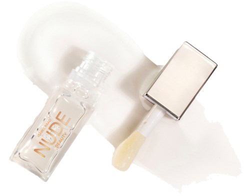 A nail polish bottle, a brush, and a small white swatch are shown, likely for nail care or painting.