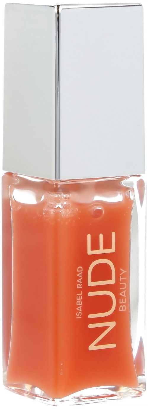 Nude beauty nail polish bottle with a silver cap and orange color polish.