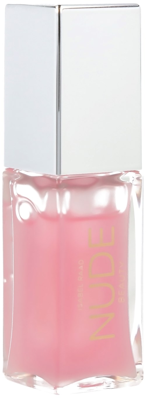 Pink nail polish bottle with a silver cap, labeled "NUDE."