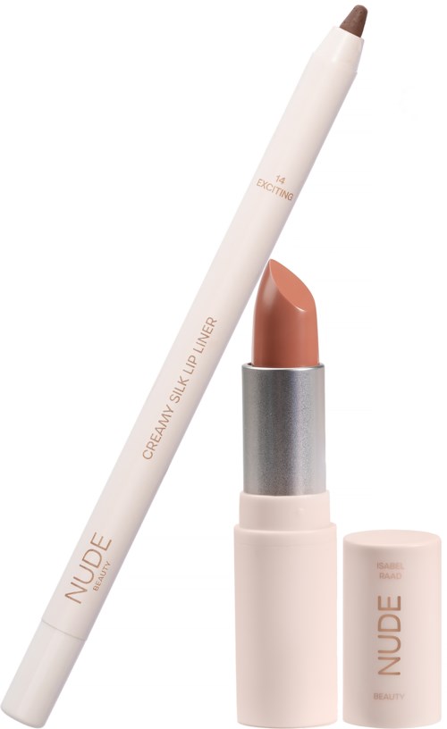 A beige pencil next to a open beige lipstick with a silver base. The pencil has "NUDE" and "CREAM SKIN LIP LINER" written on it.