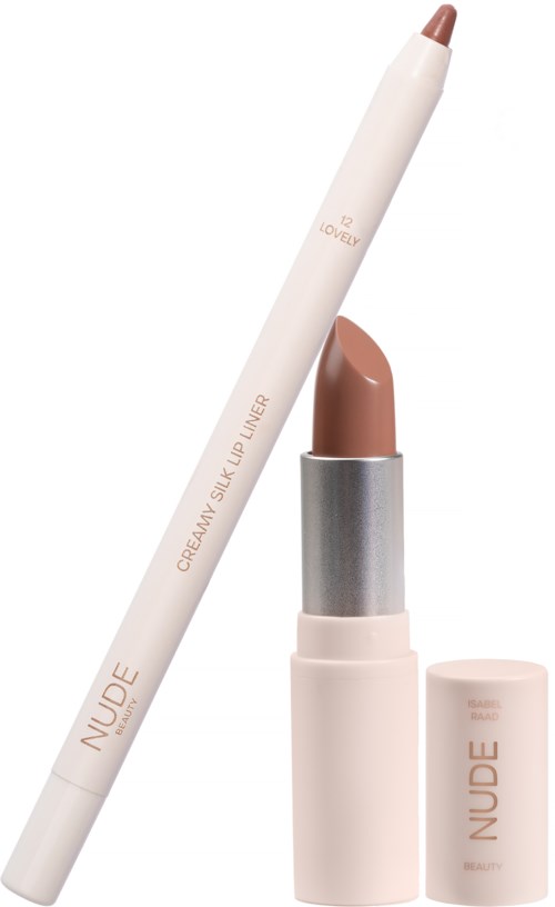 A lipstick with a light beige shade and a white pen-like tool, labeled "NUDE" and "OCEAN SKIN LIP LINER."
