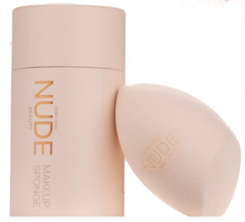 A skin-toned makeup sponge and a tall, matching bottle labeled 'NUDE' for beauty or makeup use.