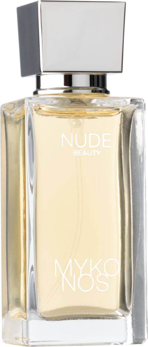 Een doorzichtige glazen parfumfles met zilveren dop, gemerkt 'NUDE BEAUTY' en 'MYKKONOS'.