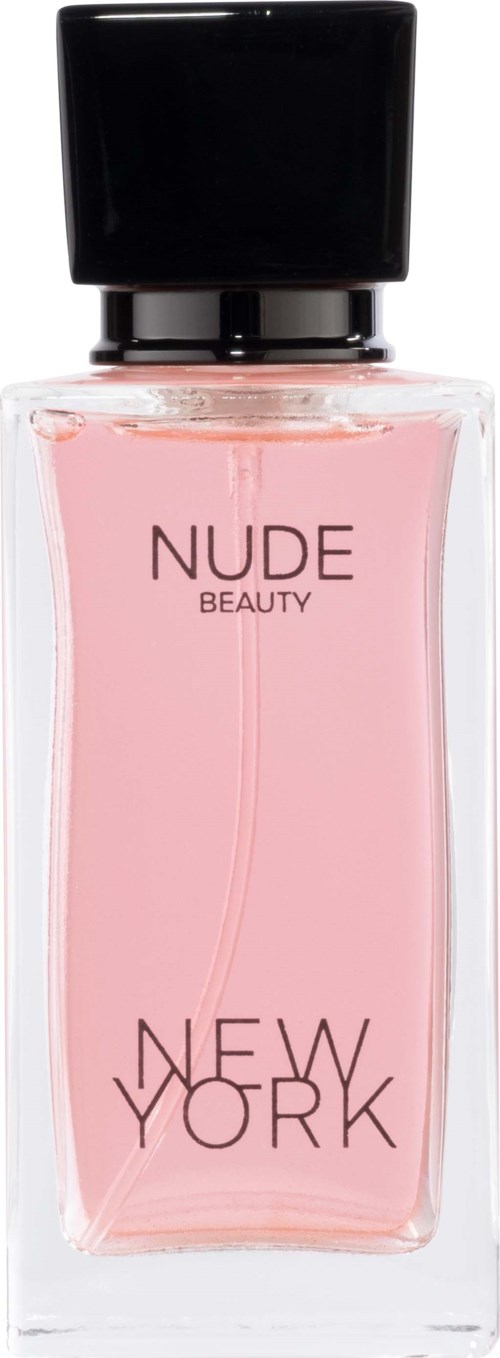 Roze parfumfles met label 'NUDE BEAUTY NEW YORK' en zwarte dop.