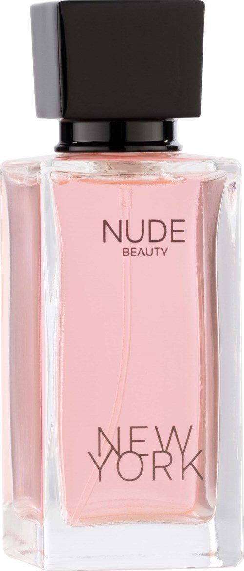 Een parfumfles met roze vloeistof, zwarte dop en de woorden 'NUDE BEAUTY NEW YORK'.