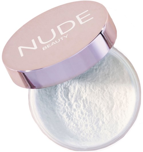 Roze ronde container met witte poeder erin, met 'NUDE BEAUTY'.