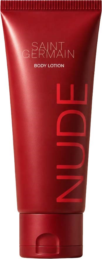 Rød tube med Saint Germain Nude Body Lotion med minimalistisk design og tydelig merkevare.