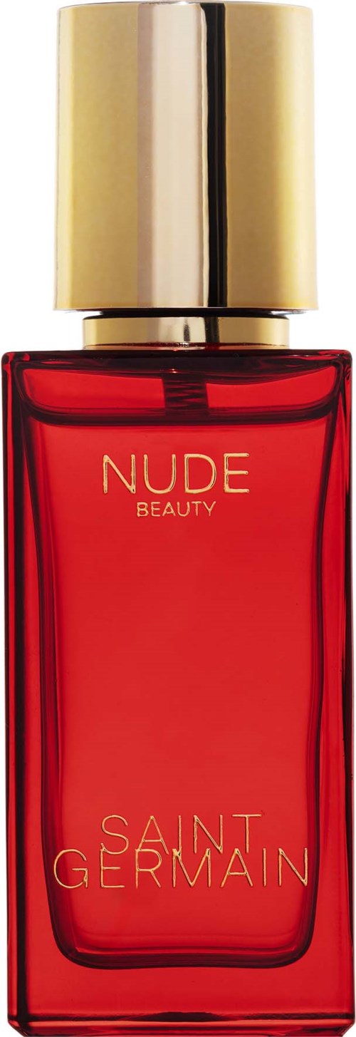 A red perfume bottle with a gold cap, labeled "NUDE BEAUTY" and "SAINT GERMAIN."
