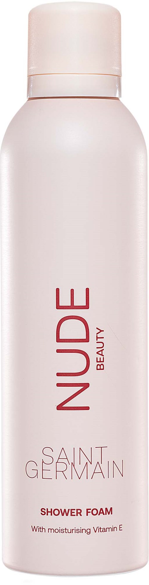 A tall, white bottle with pink text for NUDE Saint Germain shower foam, containing moisturizing Vitamin E.