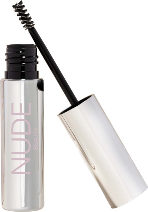 En mascara-rør med en åpen børste, som viser svart mascara, og merket 'NUDE' på røret.