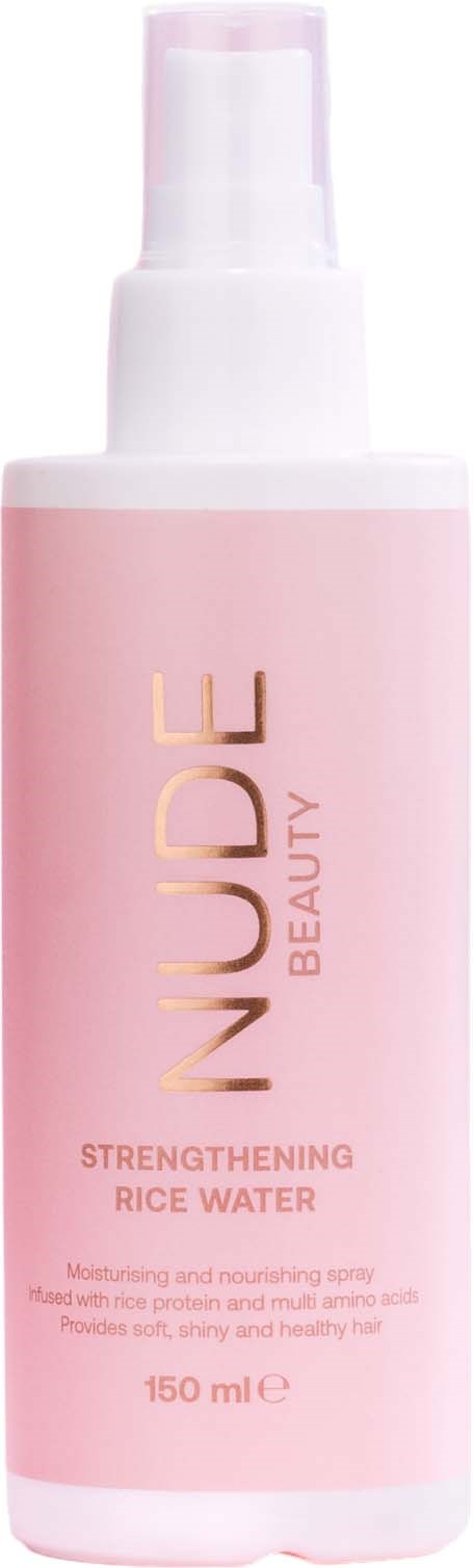 A pink bottle with a white cap labeled 'VUE BEAUTY Strengthening Rice Water' and a spray nozzle.