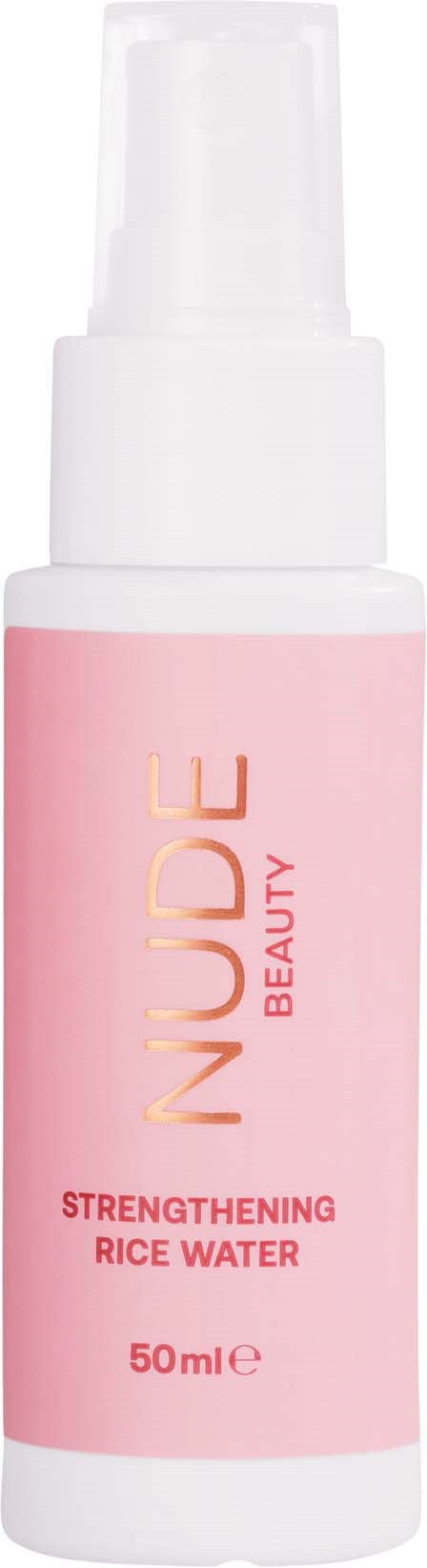 Pink bottle labeled NUDE BEAUTY Strengthening Rice Water, 50 ml, with pump dispenser.