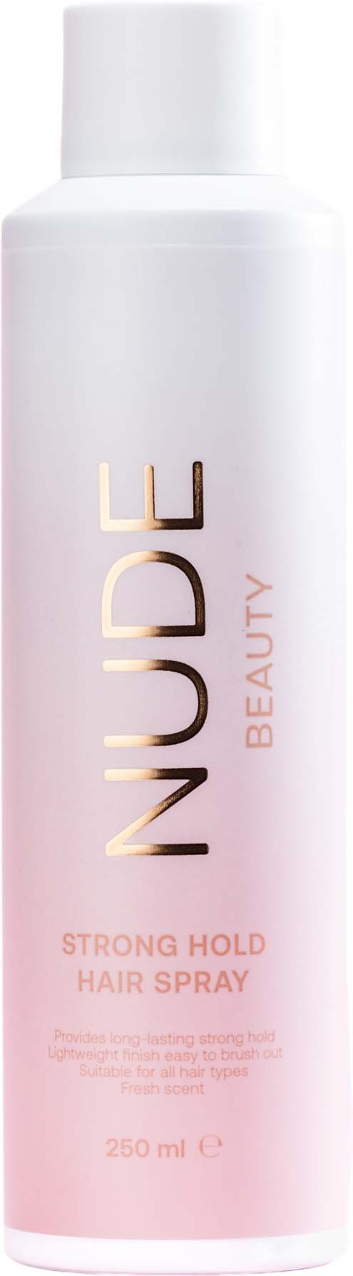 En lang, hvit flaske fra NUDGE Beauty med rosa detaljer og gulltekst.