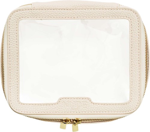 A small white pouch with a transparent window, a gold zipper, and beige stitching around the edges.