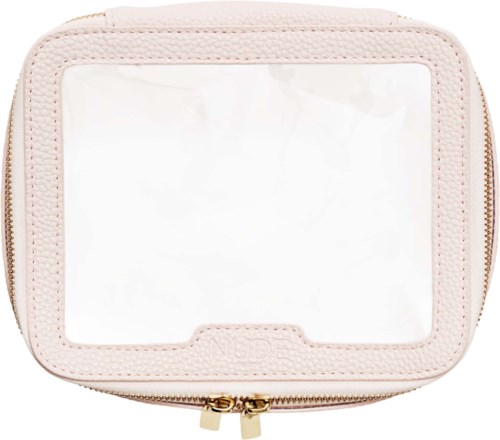 A small, rectangular, light pink bag with a clear plastic front, a zipper at the bottom, and a textured surface.