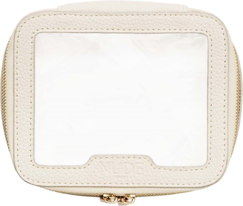 White makeup bag with a clear plastic window and a small zipper at the bottom.
