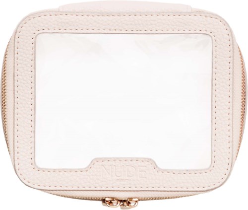 A small, padded makeup or storage case with a clear top and a zipper. The case has the brand name "NUDE" on it.