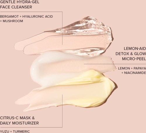 Tre hudvårdsprodukter med ingredienser som citron, hyaluronsyra, mask, återfuktare och gurkmeja, visade som krämer och geléer.