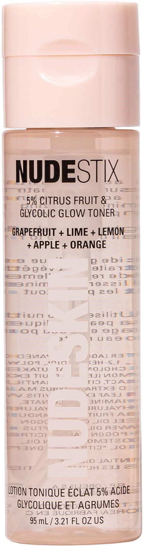 A small bottle of skincare toner with citrus, fruity scents, and a pink cap.
