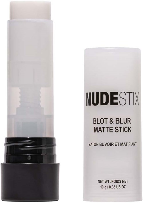Een witte cilindervormige stok met een zwarte basis, gelabeld als NUDE STIX Blot & Blur Matte Stick.