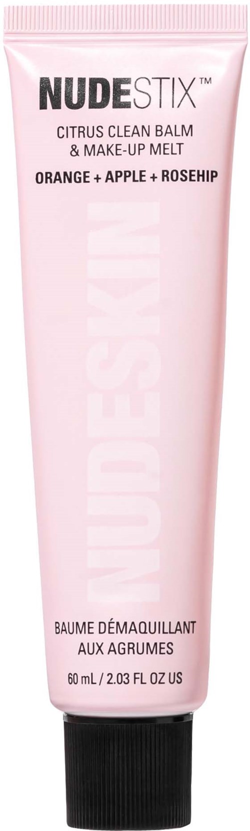 A pink tube of Nude Stix citrus cleanser with orange, apple, and rosehip ingredients, 60 ml size.