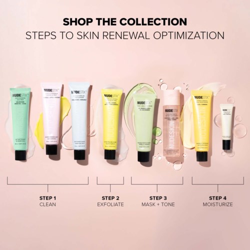A skincare collection with bottles labeled for cleaning, exfoliating, masking, toning, and moisturizing.