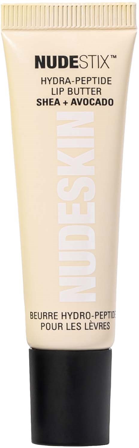 Putkilossa NudeStix Hydra-Peptide huulirasvaa shea- ja avokadolla, beigetä ja mustaa pakkauksessa.
