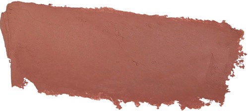 Een brede, onregelmatige verfspet in bruinrood op een witte achtergrond.