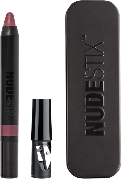 A black and pink lip crayon, with a cap and a metal sharpener, and a black case with brand name. 