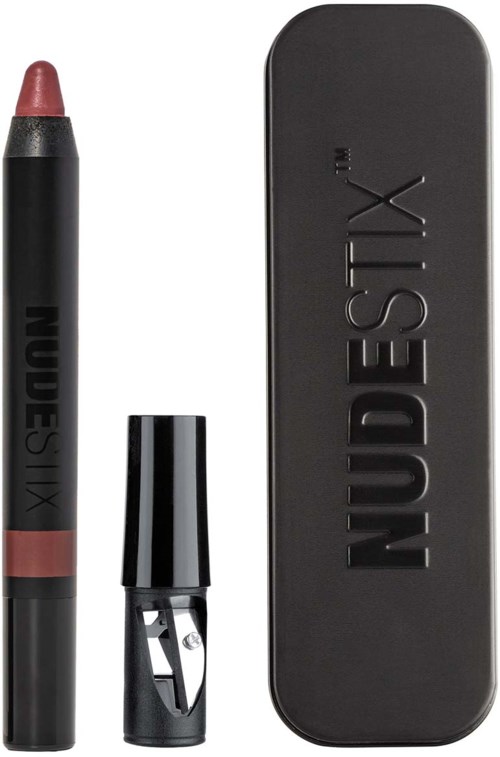 Een make-up stift, een deksel en een zwarte case met 'NUDESTIX'.