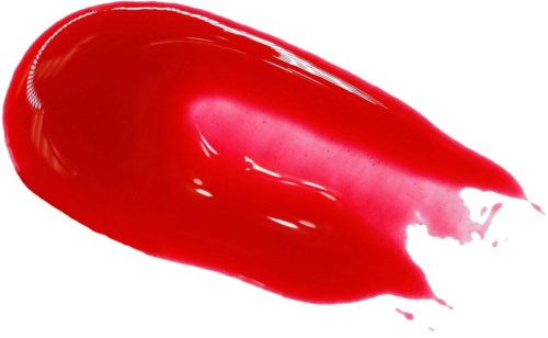 A bright red lipstick smear on white background. It looks shiny and smooth with a pointed end.